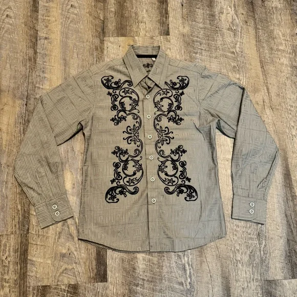 191 Unlimited Boys Button Down Shirt Gray Black Embroidered Western Style Size M - Picture 12 of 13